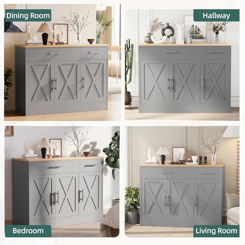 Shintenchi Modern Farmhouse Sideboard Buffet Cabinet with Storage with 3 Doors,42" Barn Doors Buffet Cabinet with Storage, Wood Coffee Bar Cabinet with Adjustable Shelf for Kitchen Living Room,White