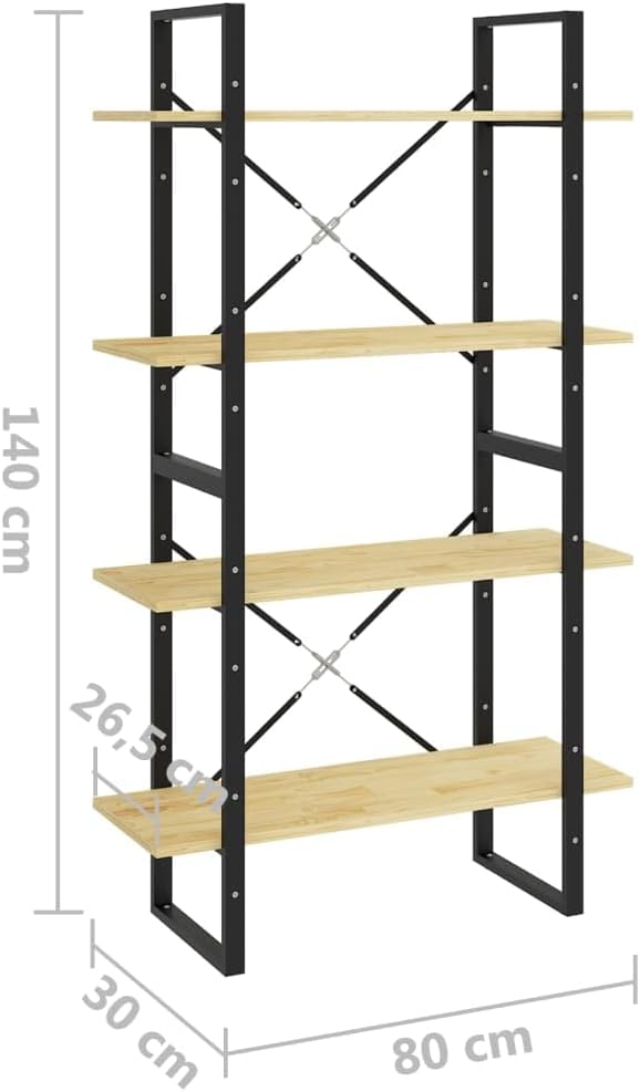 vidaXL Solid Pine Wood Bookshelf - Industrial Scandinavian Style Bookcase with 4-Tiers, Untreated Brown Natural Finish, 31.5"x11.8"x55.1"