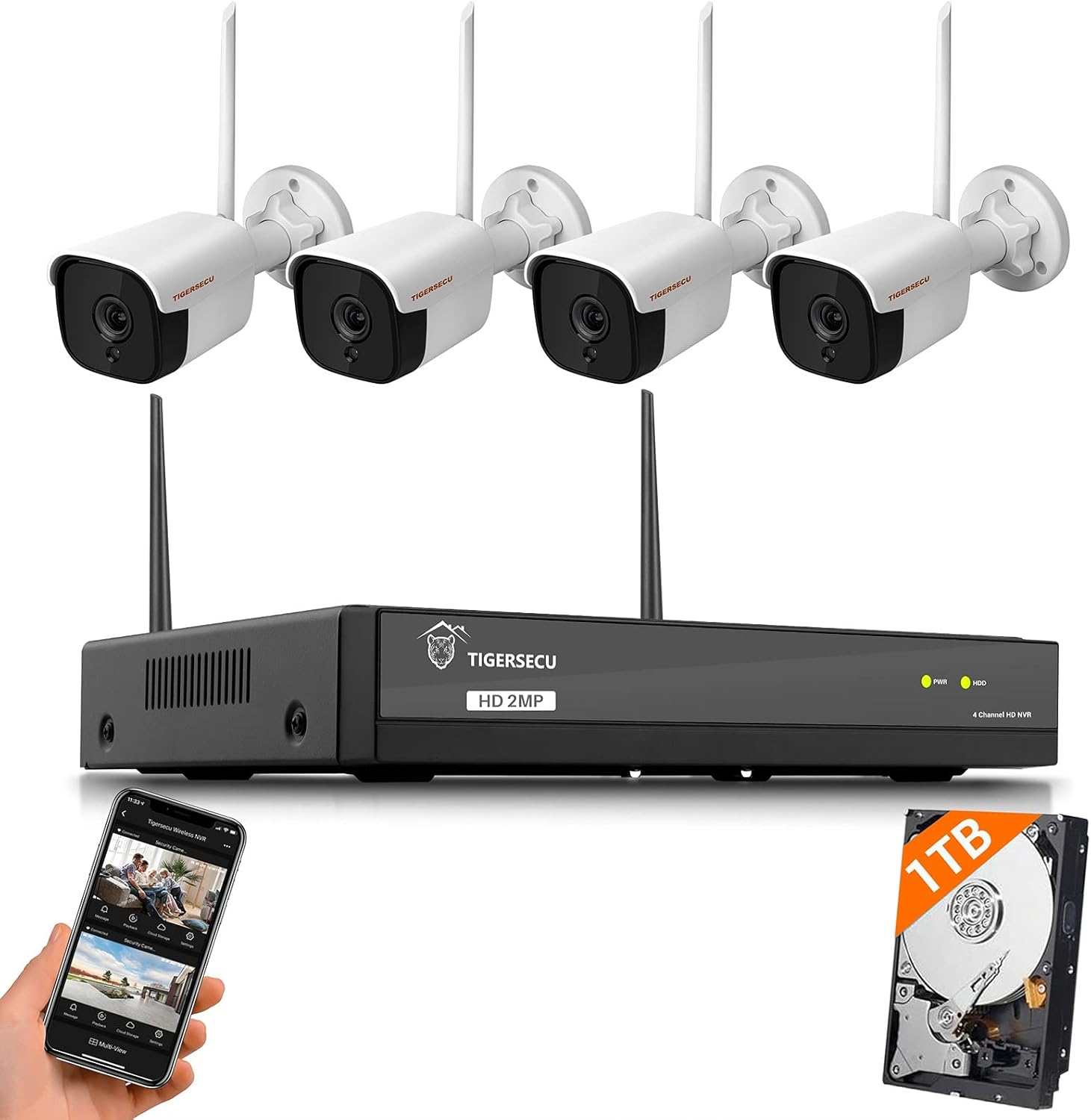 TIGERSECU 1080P WiFi NVR Security Camera System with Two Way Audio, 1TB Hard Drive, H.265+ 8 Channel NVR with 4 1080P Wi-Fi IP Cameras for Indoor/Outdoor Use