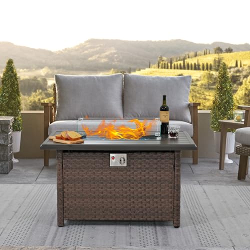 SUNSITT Outdoor Fire Pit Table 43 Inch Wicker Propane Fire Pit with Aluminum Tabletop 50,000 BTU Gas Firepit with Fire Glass, Lid, Cover, Taupe Rattan