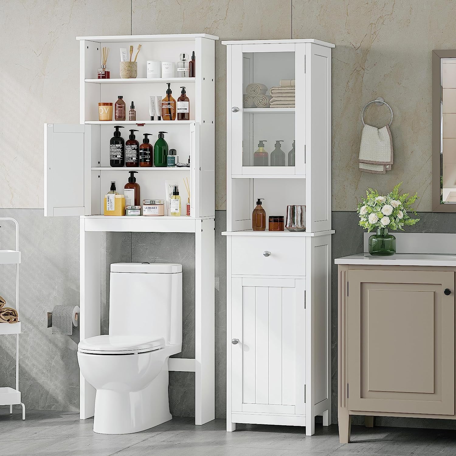 YINCHEN Tall Bathroom Floor Cabinet with Glass Doors, Narrow FreeStanding Storage Cabinet with Adjustable Shelf, Wooden Bathroom Storage Cabinet, Pantry with Drawer, White BMGZ105W