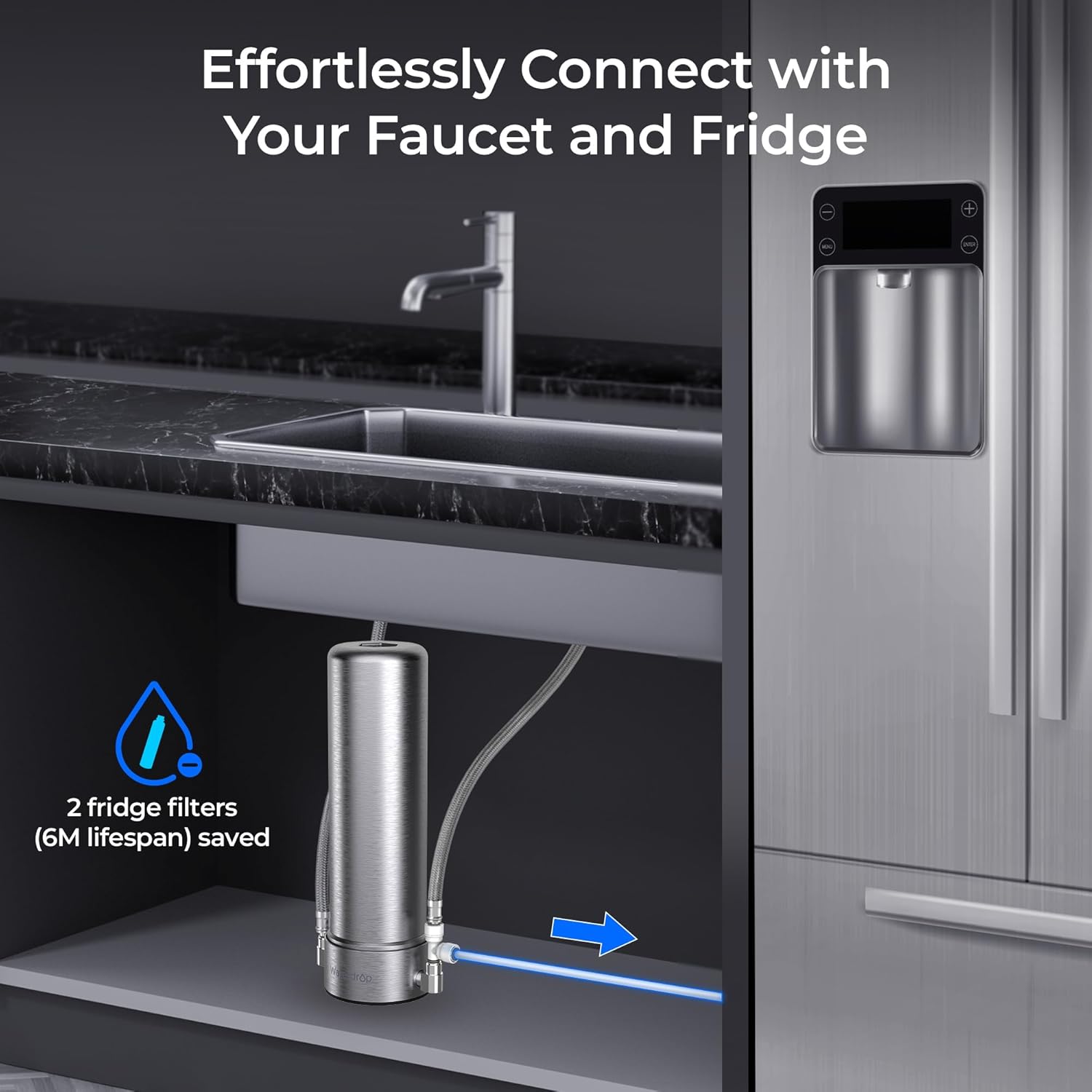 Waterdrop TST-UF + AP13 0.01μm Ultra-Filtration Under Sink Water Filter, Stainless Steel, 5X Service Life,Remove 99.99% of Contąminants Larger Than 0.01μm
