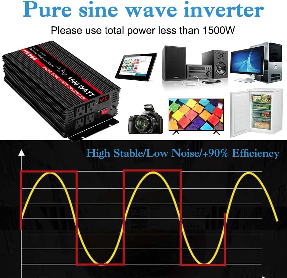 JIGUUN 3000 Watt/6000 Watt Pure Sine Wave Inverter, Power Converter 12V DC to 110v/120v AC, Car Inverter with 4 AC Outlets&USB Port 170ft Wireless Remote Control for RV Camping Truck(3000W-12V)
