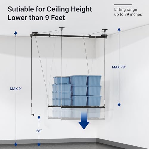 FLEXIMOUNTS Overhead Garage Storage Rack, 4x4 Ft Heavy-Duty Garage Ceiling Storage Racks, Adjustable Organization System with 71'' L Axle, 300lbs Weight Capacity, Carbon Black