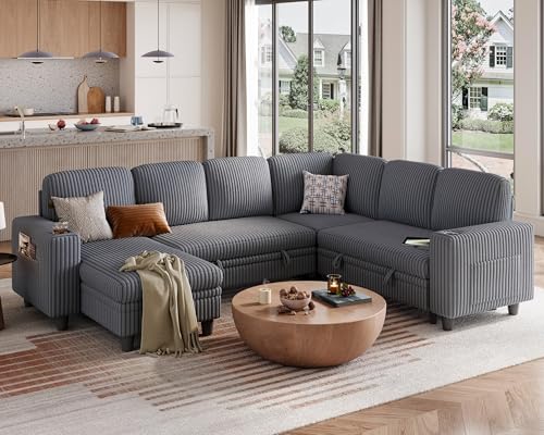 LINSY HOME Sectional Sleeper Sofa with Pull Out Couch Bed Convertible Plush Corduroy Cloud Couch with Storage Chaise & USB Charging, Comfy L Shaped Modular Couches for Living Room Apartment (Grey)