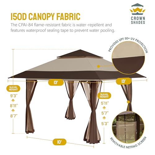 CROWN SHADES 13x13 Pop Up Gazebo, Canopy Tent, Gazebos on Clearance - Outdoor Gazebo for Backyard & Patio Furniture - Carpa Pop Up Tent with Wheeled STO-N-Go Cover Bag (Grey)