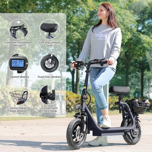 Caroma Peak 800W/1200W Electric Scooter Adults, 30 Miles Max Range, Foldable Electric Scooter with Seat, Front Suspension, Detachable Large Basket,Commuter E-Scooter for Adult and Teens