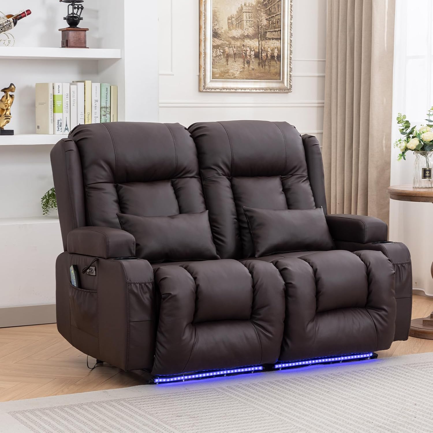 Home Theater Seating, Faux Leather Power Recliner Chair with Massage& Heat, RV Loveseat Sofa Theater Seats with LED Lights/Lumbar Pillow/Cup Holders/Side Pockets (Brown)