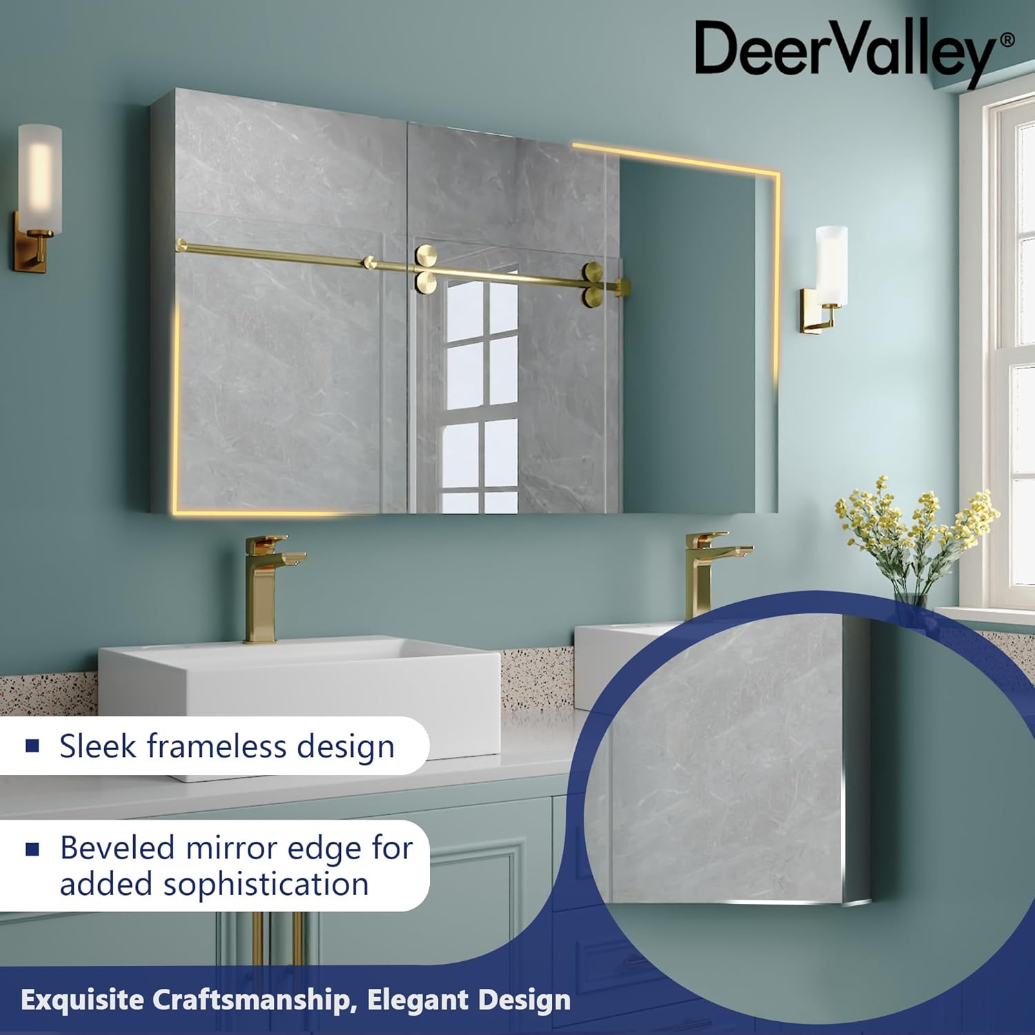 48 inch Medicine Cabinet with Mirror, DeerValley Aluminum 3 Door Mirrored Medicine Cabinet, Frameless Modern Wall Mount Mirrored Medicine Cabinets with 3 Doors and 2 Adjustable Shelves