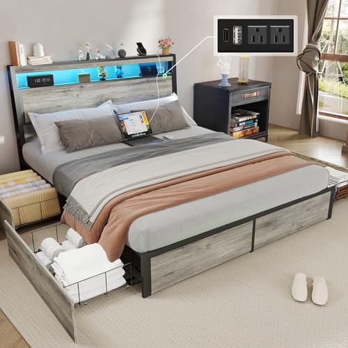 SADENICEL Queen Bed Frame with Storage Headboard and 4 Drawers, Metal Platform Bed Frame with LED Light, Charging Station, No Box Spring Needed, Noise Free, Easy Assembly, Vintage Brown