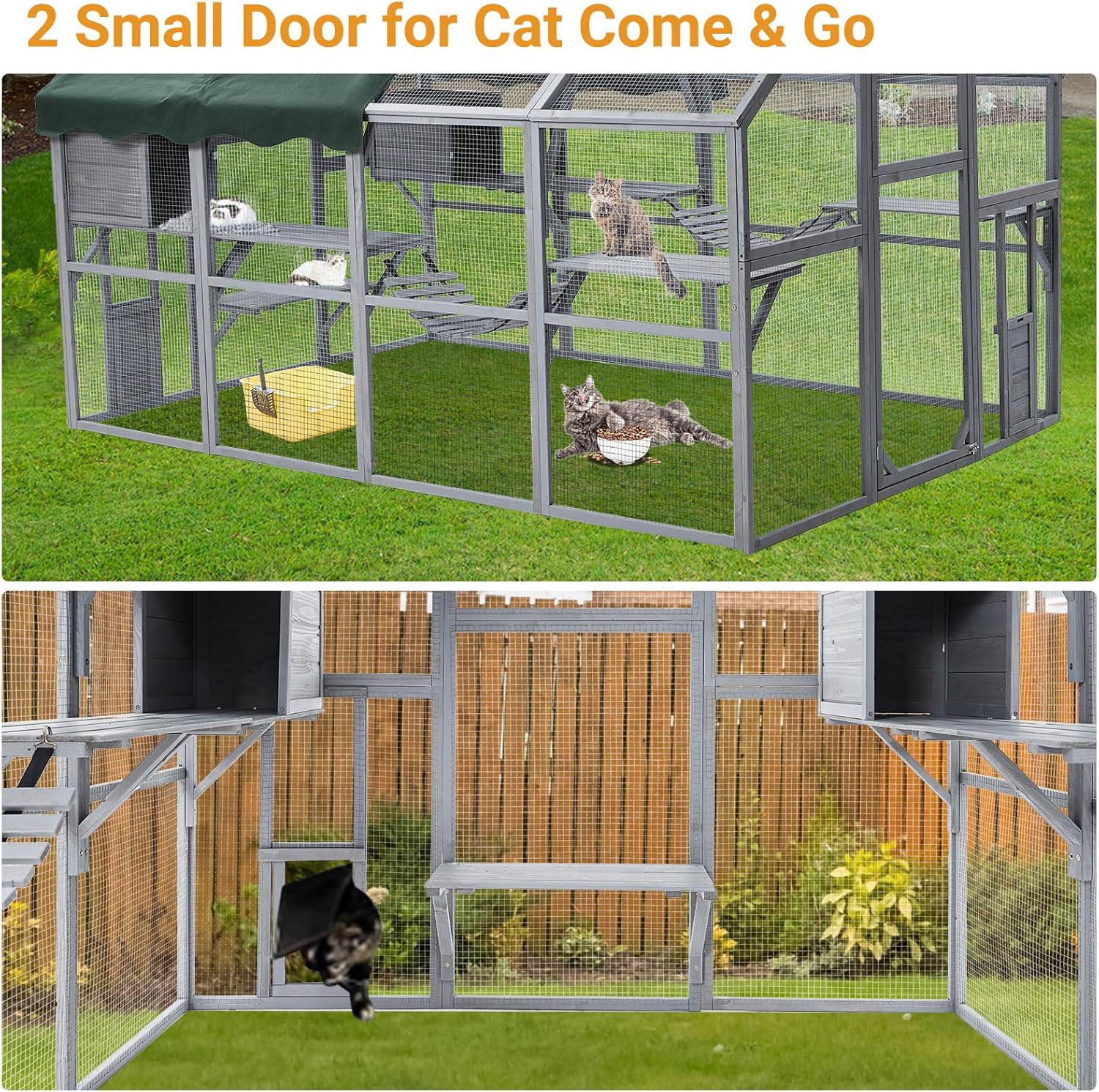 Large 3-Tier Outdoor Cat House, Small Animal Enclosure with 2 Lockable Cat Doors and a Walk in Door, Large Catio with Half Waterproof Cover, Portable Kitty House with Resting Boxes