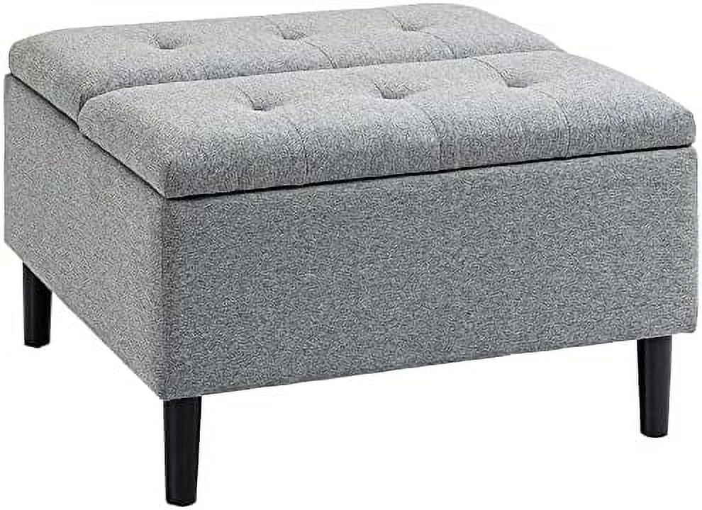RUNFAYBIU 30" Square  Ottoman  Upholstered Ottoman Coffee Table with Lift Top  Button Tufted and Wood Legs  Accent Footstool for Living Room  Light Grey