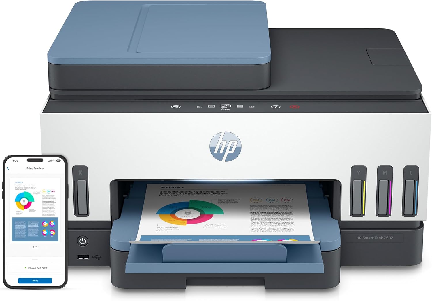 HP Smart Tank 7602 Wireless All-in-One Ink Tank Printer with 2 years of ink included,Print, scan, copy, fax, Best-for-home, Refillable ink tank (28B98A)