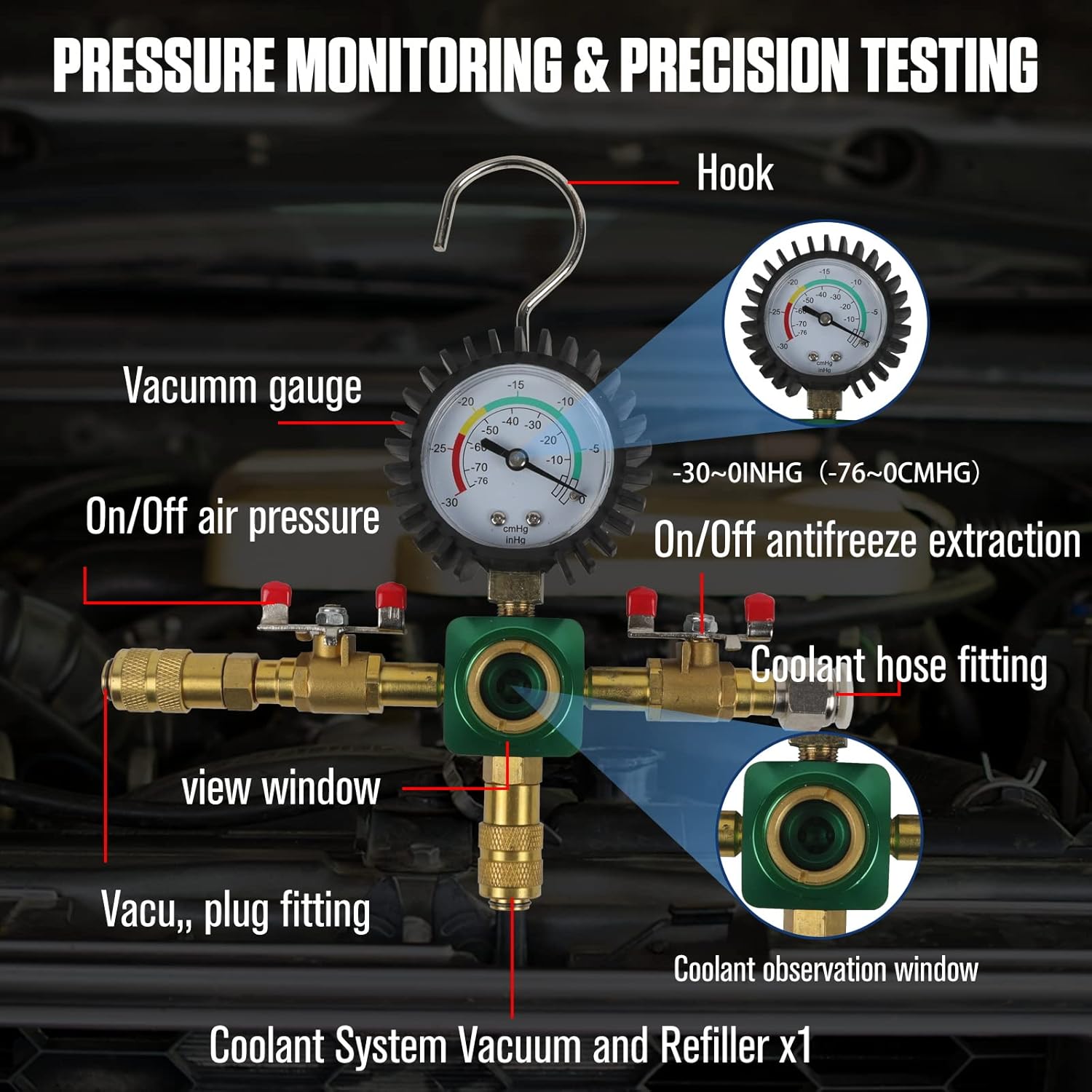 MOTOCOCHE Automotive Radiator Pressure Tester with Universal Rubber Adapter, Vacuum-Type Cooling System Leak Test Kit with American&European Style Air Plug Compatible with BMW VW BENZ