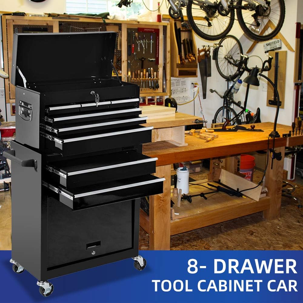 8-Drawer Tool Chest Rolling Tool Box with Wheels, Large Detachable Tool Box with Drawers and Lock, Metal Tool Cart Storage Cabinet for Garage and Warehouse (Black)