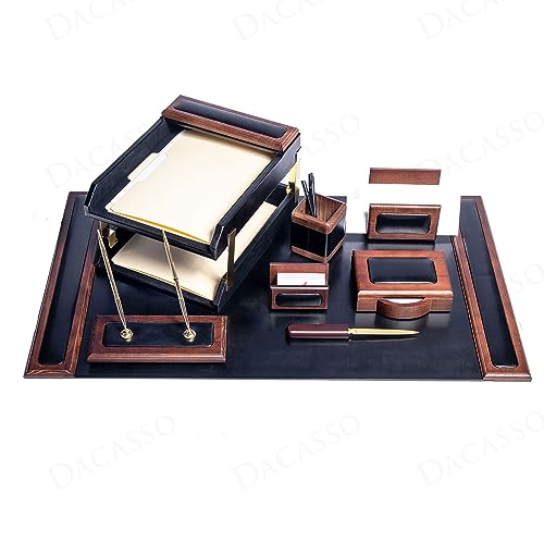Dacasso Walnut & Black Leather Desk Set - 10 Piece Desk Organization Essentials with Desk Pad - Luxury Executive Desk Decor & Office Organization