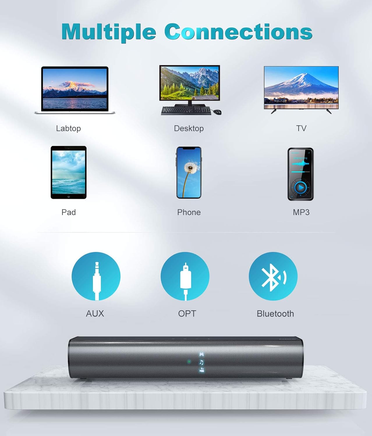 Soundbar, KMOUK Sound Bar for Small TV, Bluetooth 5.0, Mini Sound bar for PC/Home Theater, 2.0 Channel, 3 Equalizer Mode Audio, Optical/Aux/RCA Connection, Wired Gaming Speaker with 3D Surround Sound Pack of 2