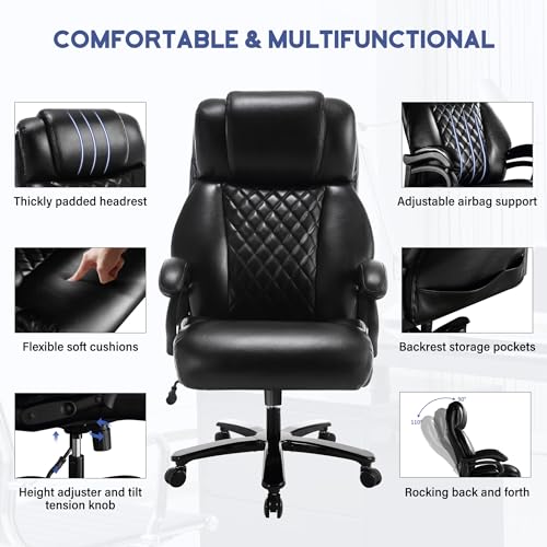 Big and Tall Office Chair, 500lbs High Back Large Executive Chair with Electric Airbag Heating High Back Computer Chair with Wide Seat, Black Ergonomic Leather Rocking Chair
