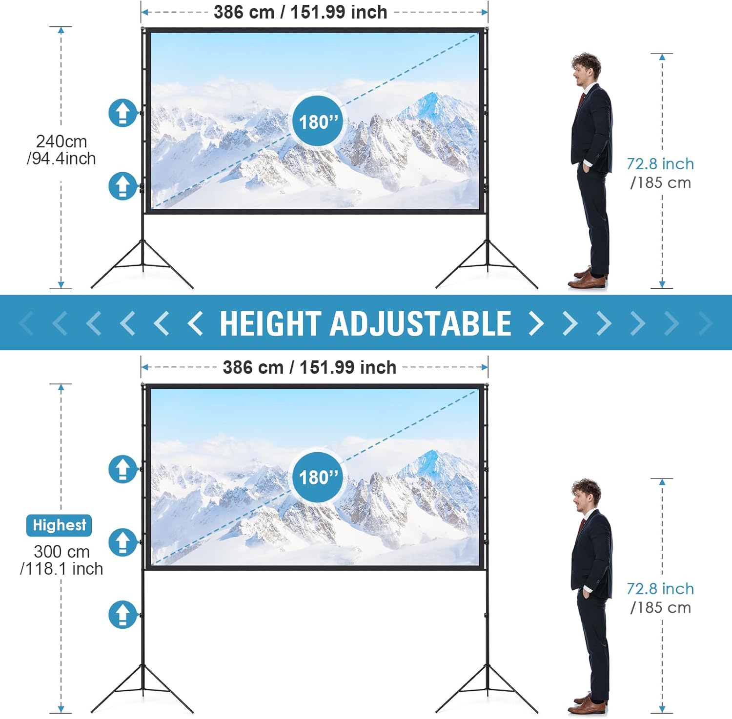 Projector Screen and Stand 180 Inch, LEORFI Outdoor Portable Projector Movie Screen Pull Down, Indoor Projections Screen with Stand 16:9 4K Full HD Support Height Adjustable for Home Theater Camping