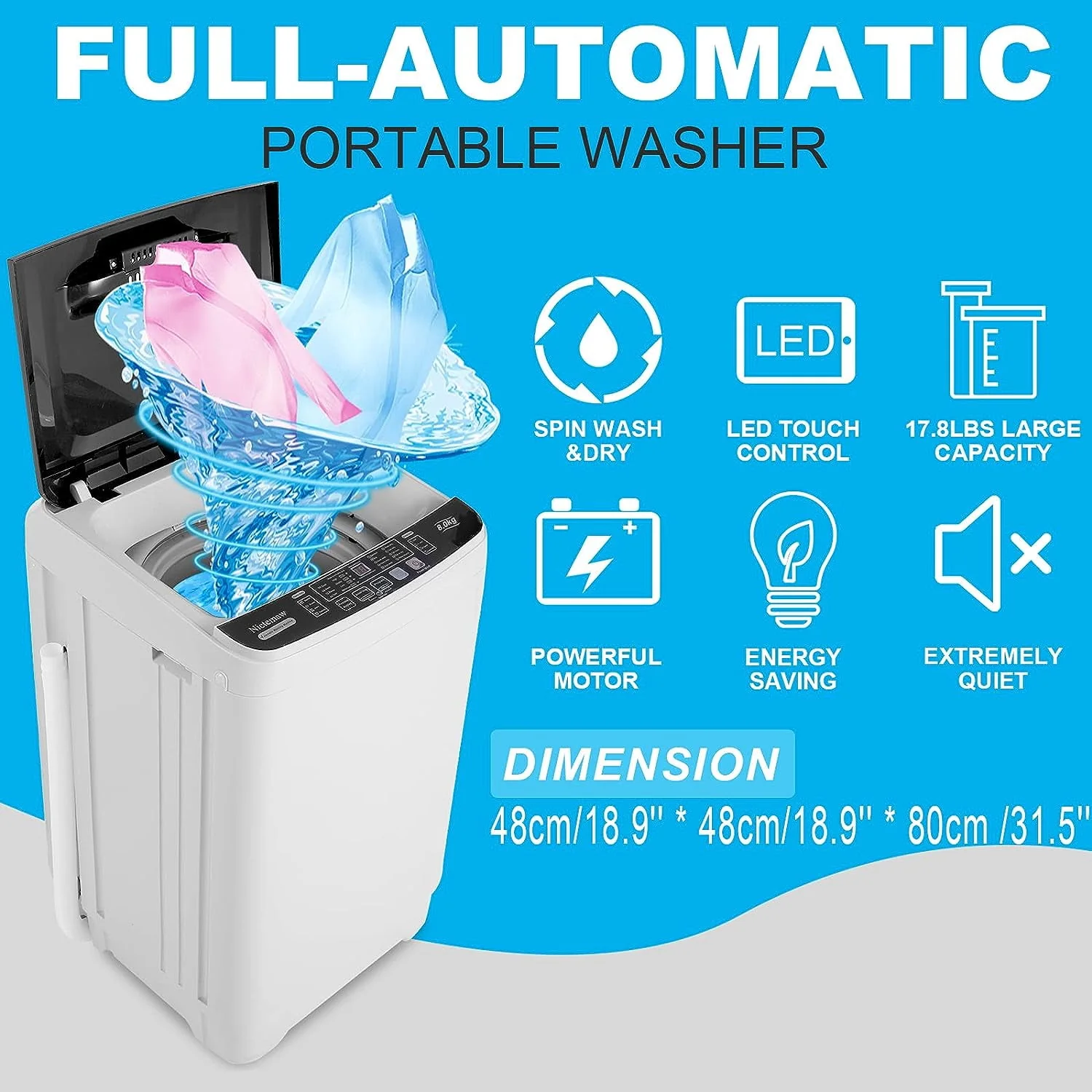 Qhomic Portable Washing Machine, 17.8lbs Large Capacity Fully-Automatic Laundry Washer 1.9Cu.ft Washer Machine Ideal for Apartments Dorms Families