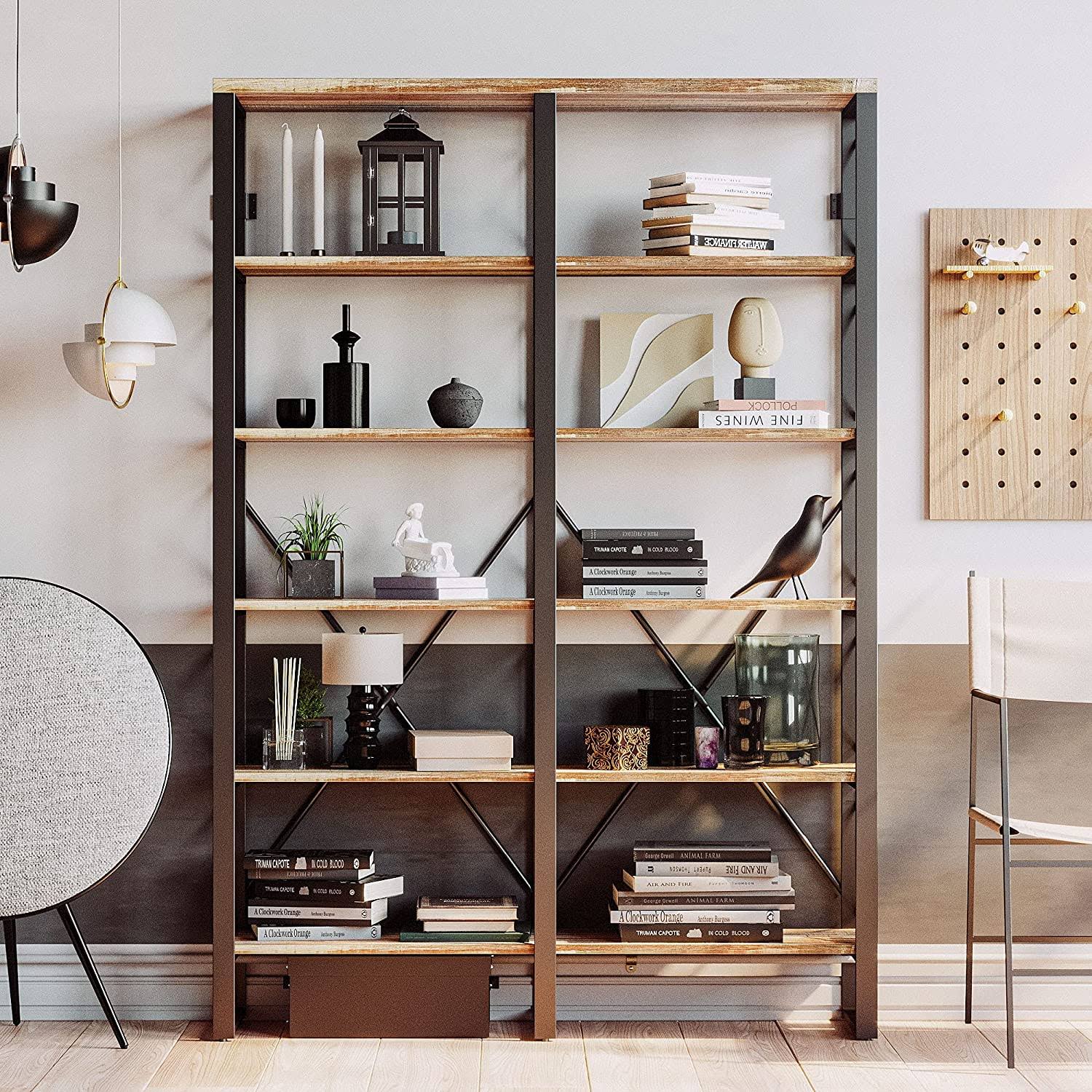 Ironck Industrial Bookshelf Double Wide 6-Tier, Open Large Bookcase, Wood and Metal Bookshelves for Home Office, Easy Assembly