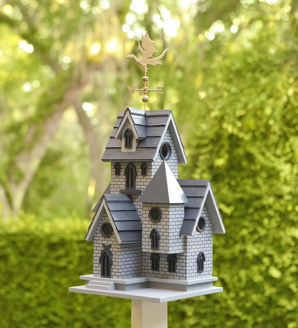Wind & Weather Gothic Castle Birdhouse with Metal Dragon Weathervane, Functional Birdhouse, Easy-Clean Back Panel, Dramatically Detailed, 11" L x 8&frac12;"W x 23" H