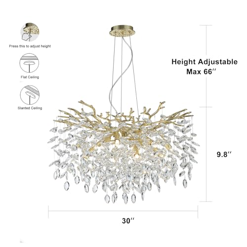 Modern K9 Crystal Chandelier Lighting Gold Luxury Tree Branch Chandelier Pendant Round Ceiling Light Fixtures for Dining Room,Bedroom,Living Room (Gold-D30IN)