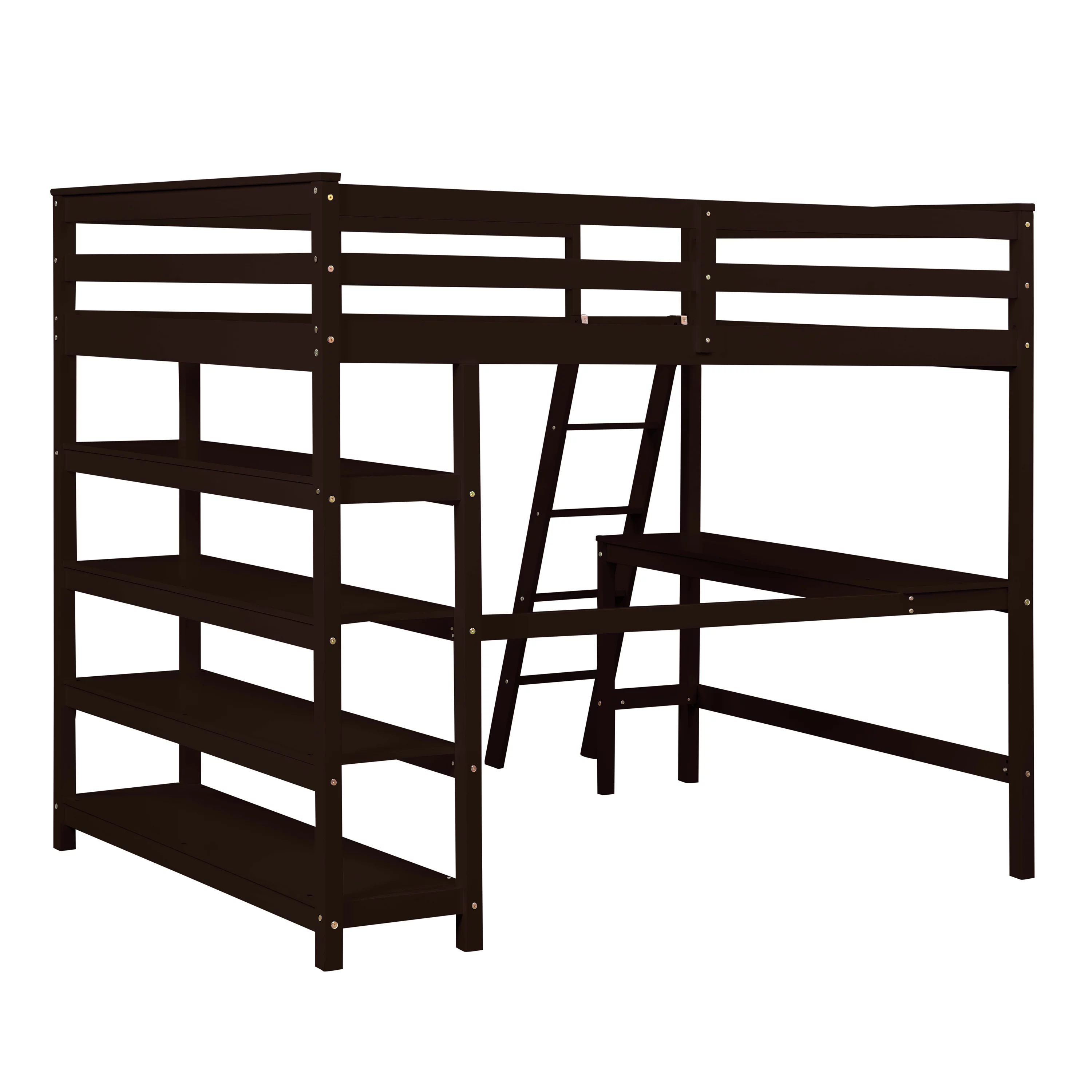 Wooden Full Loft Bed with Desk, Full Size Bunk Bed with 4 Tier Storage Shelves, Workstation Desk, Safety Rail, Wider Ladder for Kids Teens Adults, Space Saving Design, No Spring Box needed, Espresso