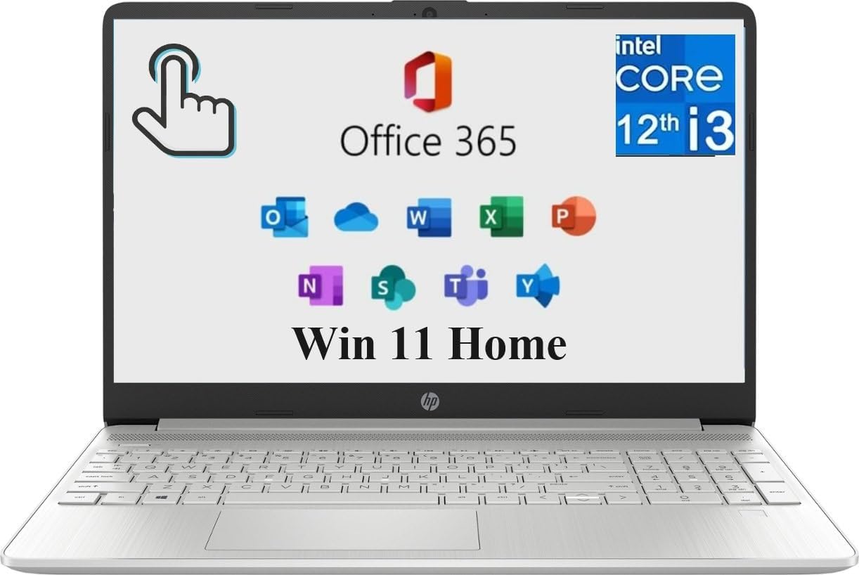 HP 2024 15 Laptop 15.6" HD+ Touchscreen, Intel Core i3-1215U, with Microsoft Office 365, 8GB RAM, 256GB SSD, Win 11 Home Long Battery Life, Natural Silver