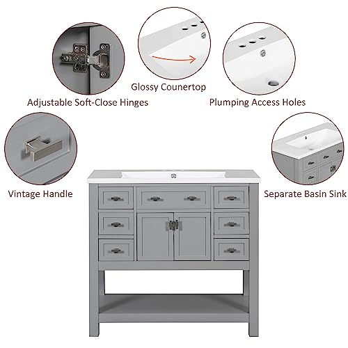 22" Small Bathroom Vanity with Sink, White Bathroom Vanity Cabinet with Ceramic Vessel Sink & Left Side Storage, Single Sink Bathroom Vanity with Top, Freestanding Bathroom Sink and Cabinet Combo Set