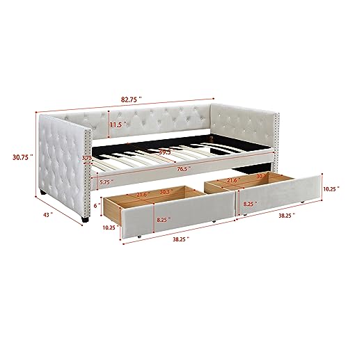 Velvet Twin Daybed with Storage, Upholstered Day Bed Twin Size with Drawers and Headboard, Solid Wood Bed Frame for Living Room and Bedroom, No Box Spring Needed (Beige Velvet)