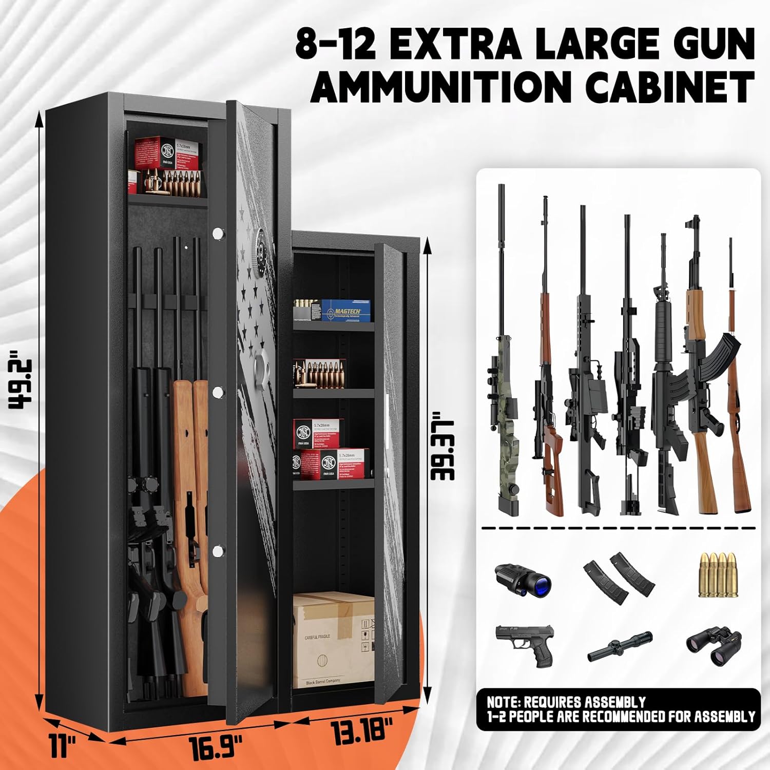 KAER [𝟐𝟎𝟐𝟒 𝐔𝐩𝐠𝐫𝐚𝐝𝐞𝐝] 8-12 Rifle Gun Safe, Home Safes for Rifles and Pistols,Unassembled Large Gun Safes for Home and Shotgun with Detachable Gun Racks, 4 Pistol Pockets