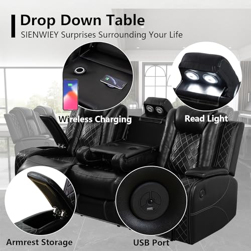 Power Black Leather Recliner Sofa Set with LED Light for Living Room Furniture，Power Reclining Sofa with Drop-Down Table/Double Recliner Loveseat with Storage Console/Home Theater Recliner