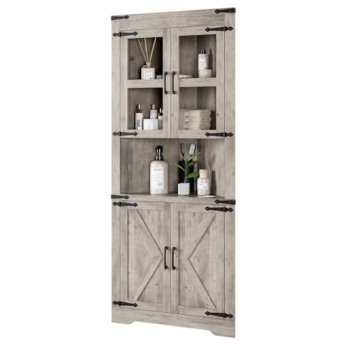 Farmhouse Corner Cabinet, Tall Corner Cabinet with Barn Door & Adjustable Shelves, Corner Storage Cabinet for Living Room, Kitchen, Bathroom, White