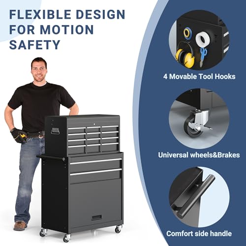 Tool Chest,5-Drawer Rolling Tool Storage Cabinet with Enhanced Packaging, Detachable Top Tool Box, Metal Tool Cart for Garage Workshop,Black, ATC001BK