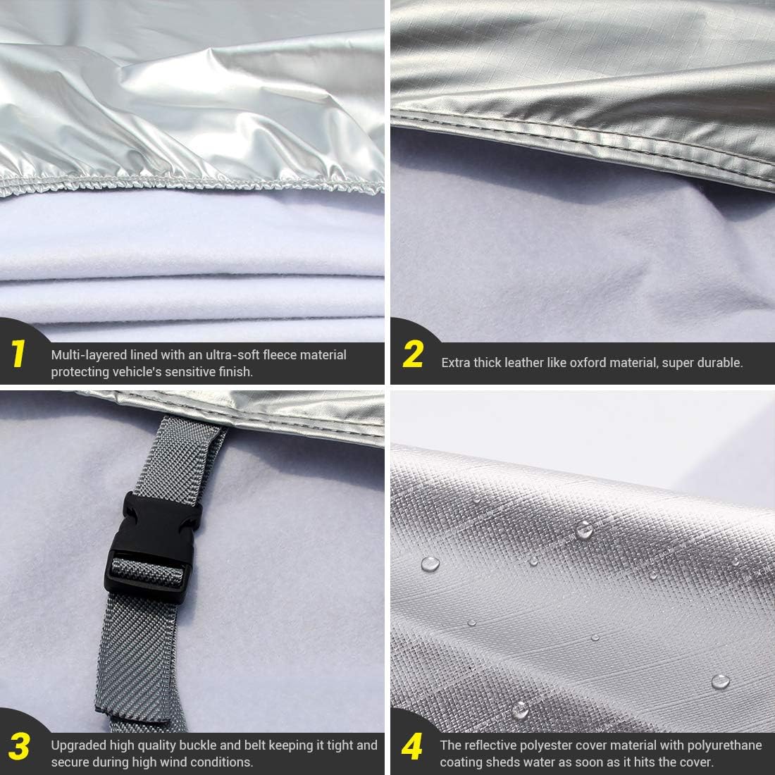 Tecoom Super Heavy Duty Multiple Layers Car Cover All Weather Waterproof Windproof Snow Sun Rain Protective with Buckles & Belt,Without Mirror Pockets Fit 150-178 Length Coupe/Convertible/Sport Car
