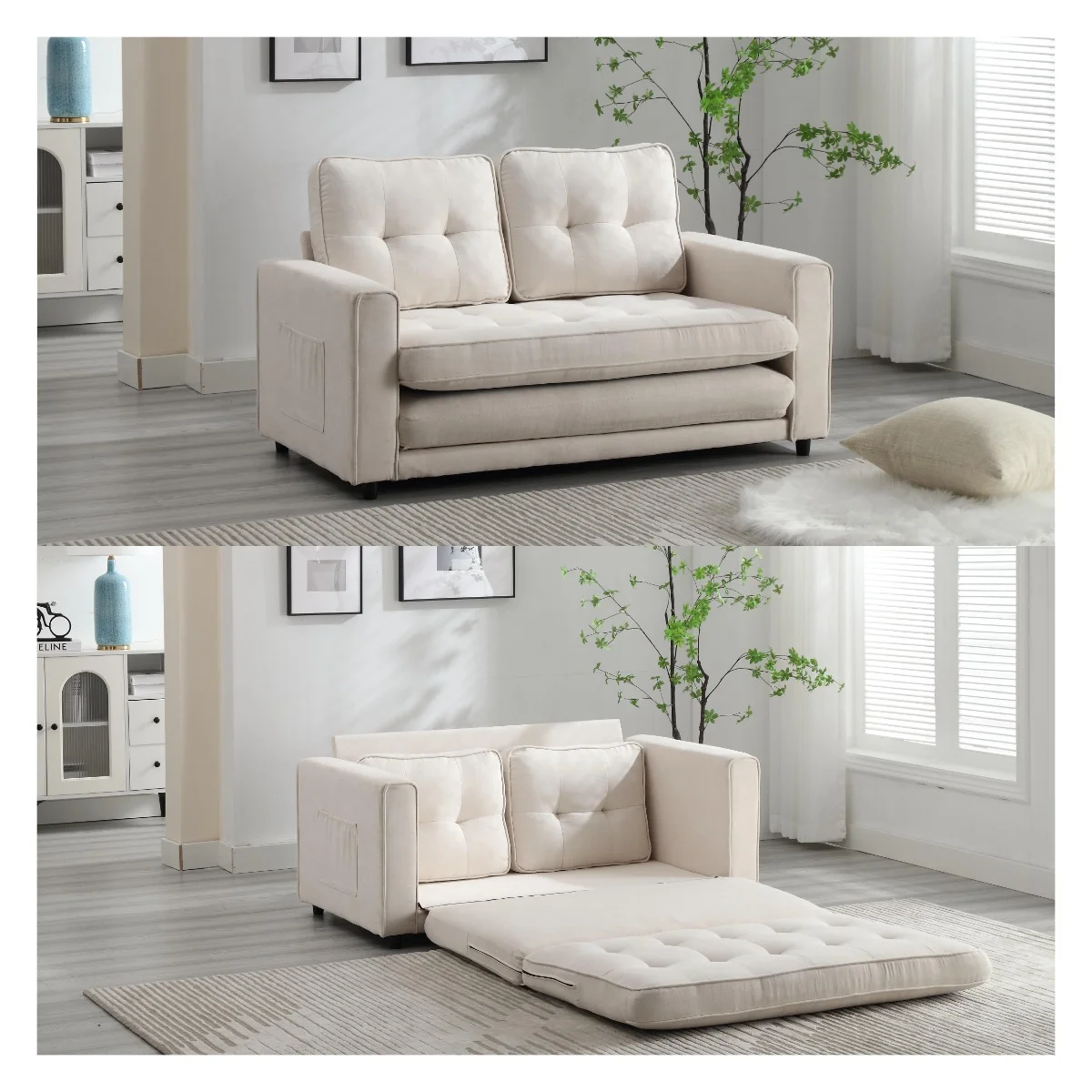 Convertible 3 Fold Sofa Loveseat Bed Sleeper for Living Room Space Saving Couch Velvet Linen Fabric - Comfortable & Innovative