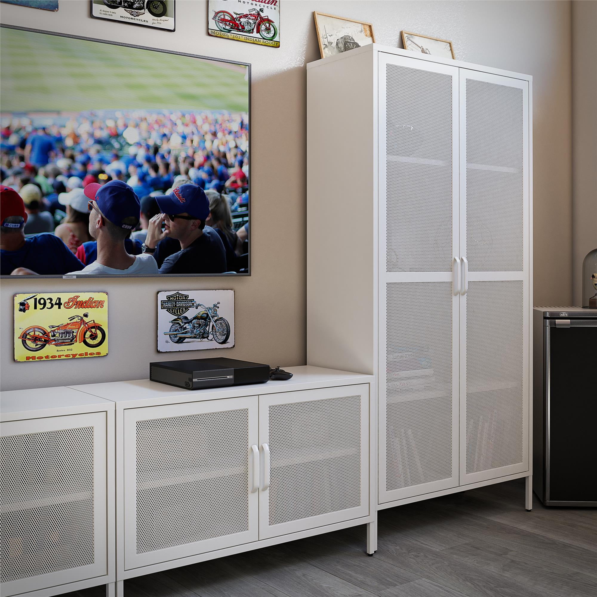 RealRooms Shadwick 2 Door Tall Metal Locker Style Storage Cabinet-Mesh Metal Doors, Soft White