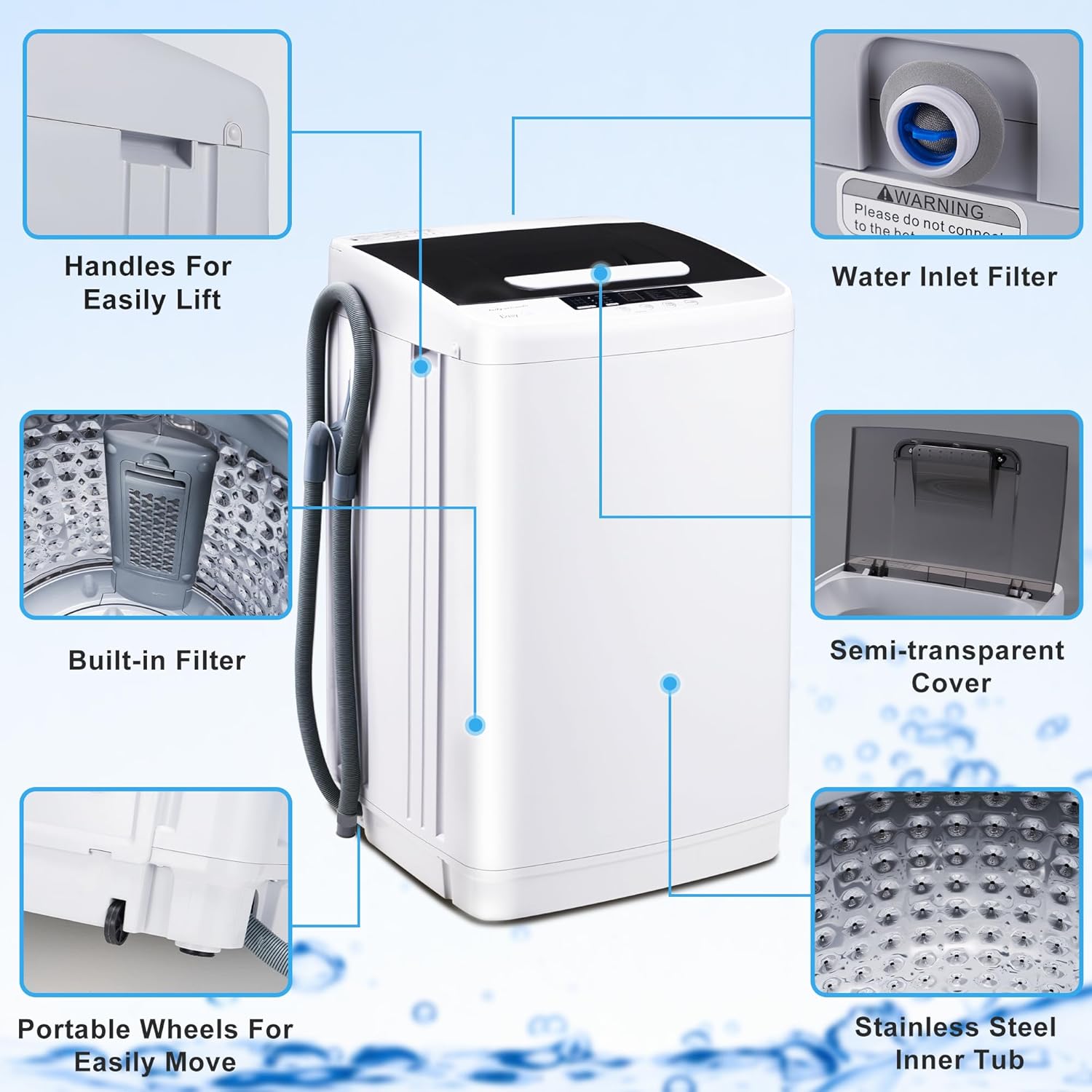 Full Automatic Washer Machine,Portable Washing Machine for Household Use,1.04 Cu.Ft.Laundry Washer Spin with 10 Wash Programs& LED Display& Built-in Drain Pump,Ideal for RV,Camping,Apartment