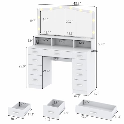 Makeup Vanity Desk with Large Mirror & LED Lights, 9 Drawers White Vanity Table with Power Outlets, Dressing Table with 3 Cubby for Bedroom, Modern Makeup Vanity for Women, Girls (White)