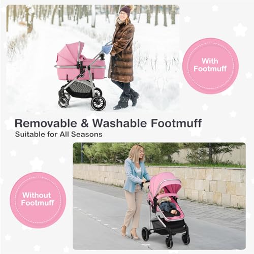 BABY JOY 2 in 1 Convertible Baby Stroller, High Landscape w/Reversible Seat, Removable Footmuff, Adjustable Backrest & Canopy, Foldable Infant Pram Stroller for 0-36 Months Babies, Pink
