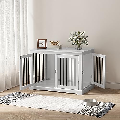 Dog Crate Furniture with Cushion, Dog Crate End Table Large, Indoor Dog Kennel, Dog House, Dog Cages for Large Dogs, Furniture Style Dog Crate with Flip-top, Chew-Proof Metal Bars, White