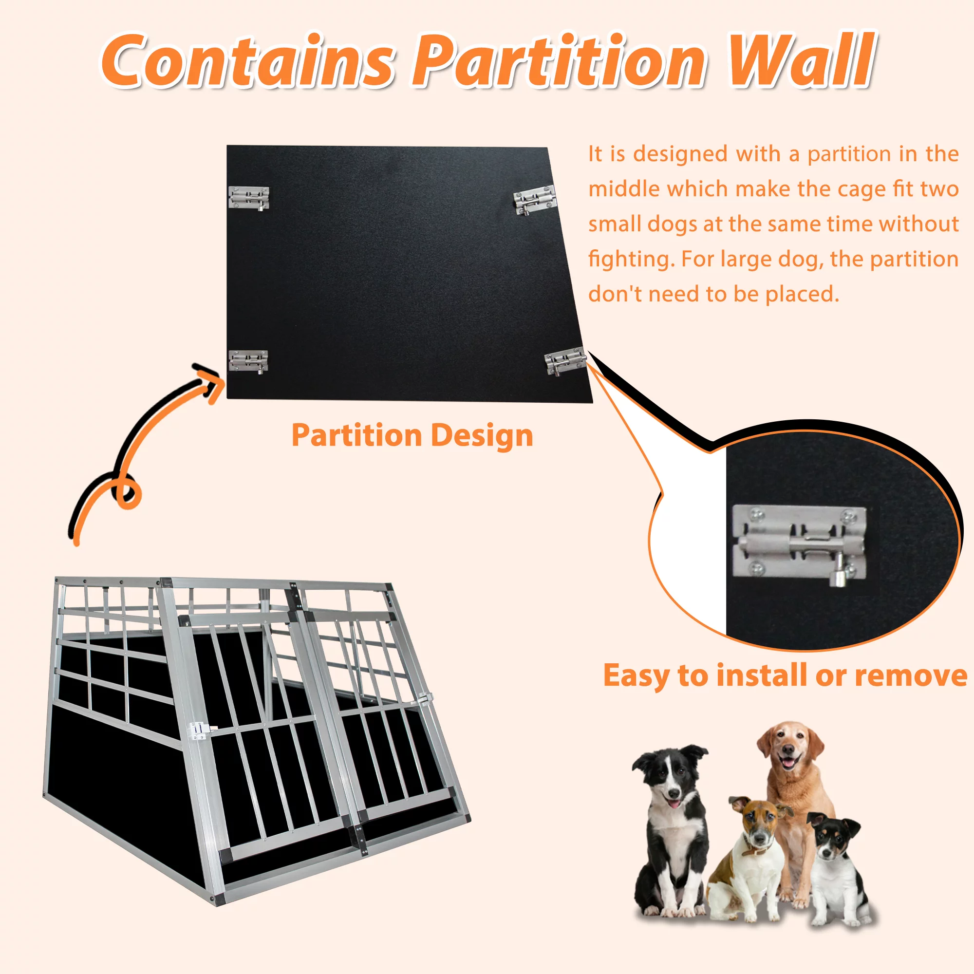 Double Doors Pet Car Transport Cage, Aluminium Puppy Travel Crate Box, Trapezoidal Kennel Dog Cat Carrier Cage