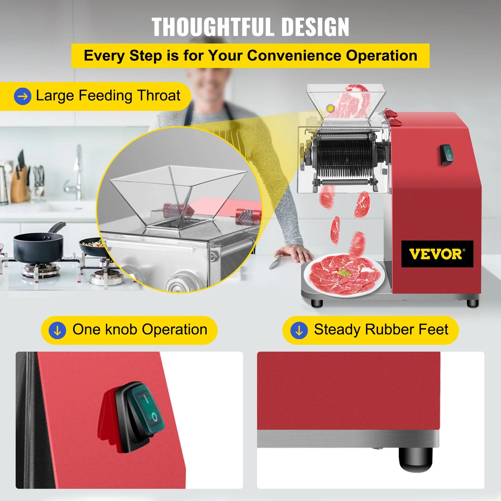 VEVOR 850W Commercial Meat Cutter, 551 Lbs/H Capacity with 3.5mm Blade, Electric Stainless Steel Food Cutter for Lamb, Beef, Chicken - Ideal for Kitchens & Supermarkets, Red