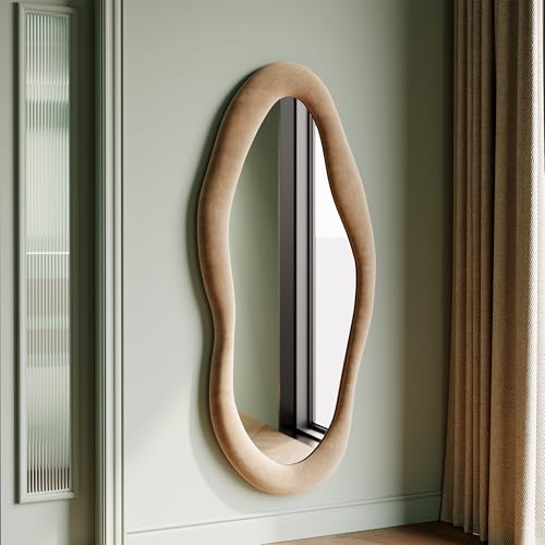 Honyee Full Length Mirror, 63" x 24" Wall Mirror, Flannel Wrapped Wooden Frame Floor Mirror, Irregular Wavy Mirror Hanging or Leaning Against Wall for Cloakroom/Bedroom/Living Room, Milk Tea