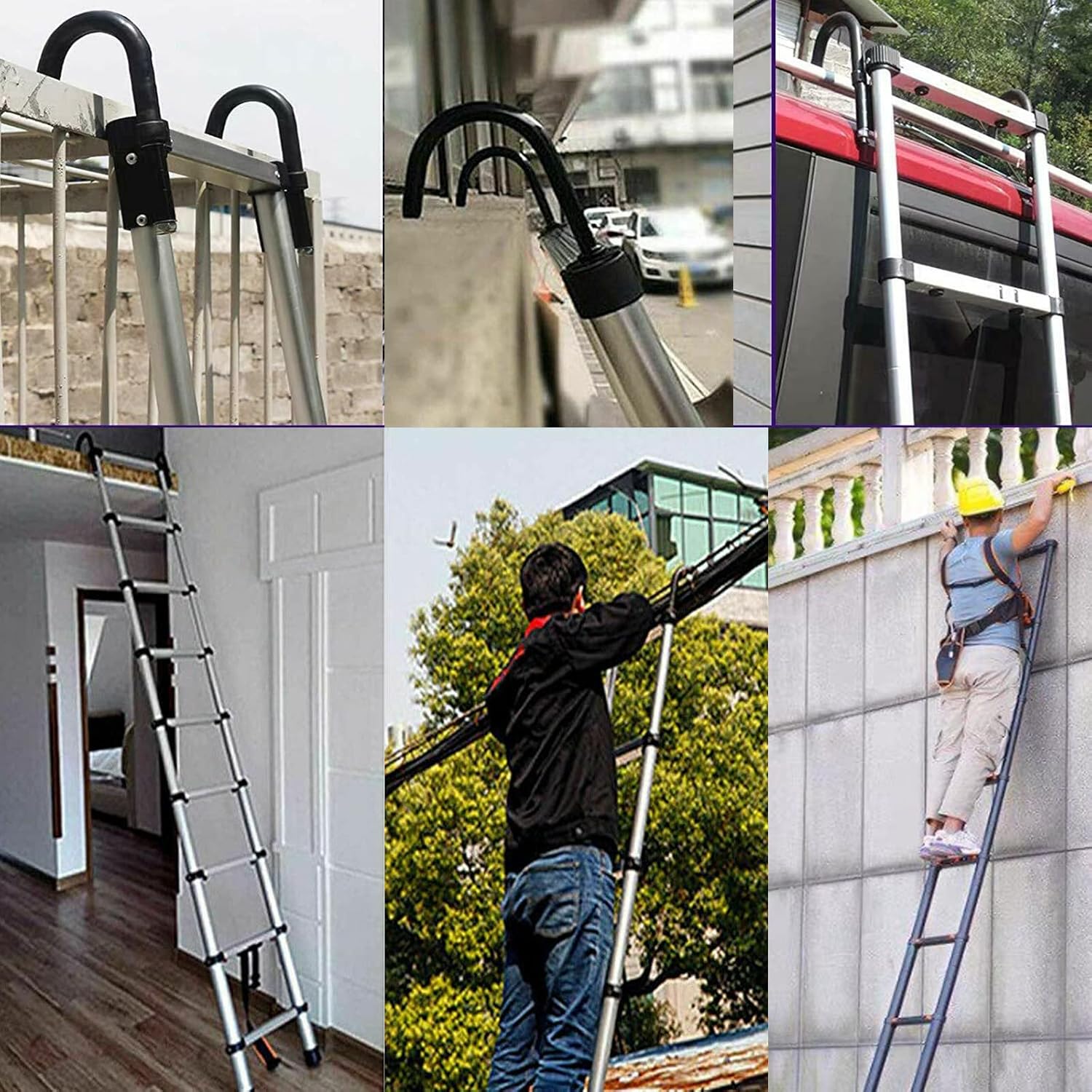 20 FT Aluminum Telescoping Ladder with 2 Detachable Roof Hooks(2.8 inch), Lightweight Telescopic Extension Ladder for Home, Multi-Purpose Rv Ladder Loft Ladder Max 330 Lb Capacity, EN131 Certificated