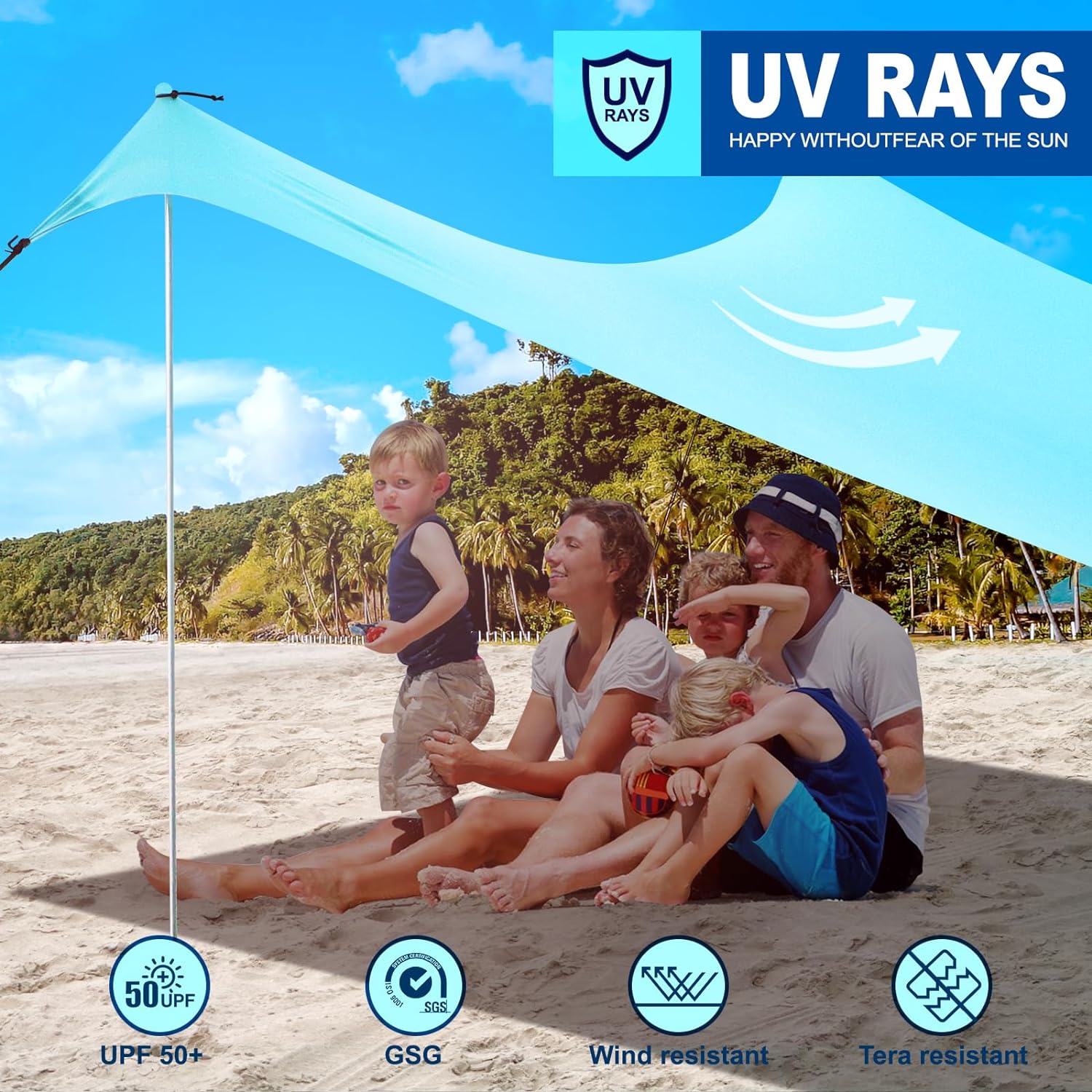 Beach Shade Canopy - Windproof Beach Tent UPF50+, Portable Outdoor Sunshade for Family, Couples - Shelter with 4 Aluminium Pole and 8 Sandbags for Beach Camping Fishing Picnics Park(10×10FT)