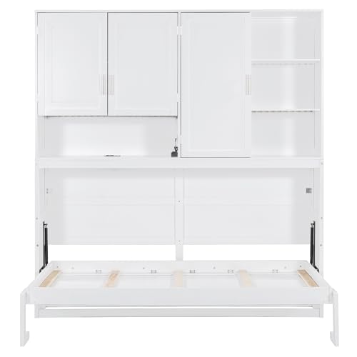 SOFTSEA Twin Murphy Bed with Storage Bookcase and Shelves, Horizontal Wall Bed with LED Light & Charging Stations, Space-Saving for Living Room, Guest Room, Bedroom, Office, Grey