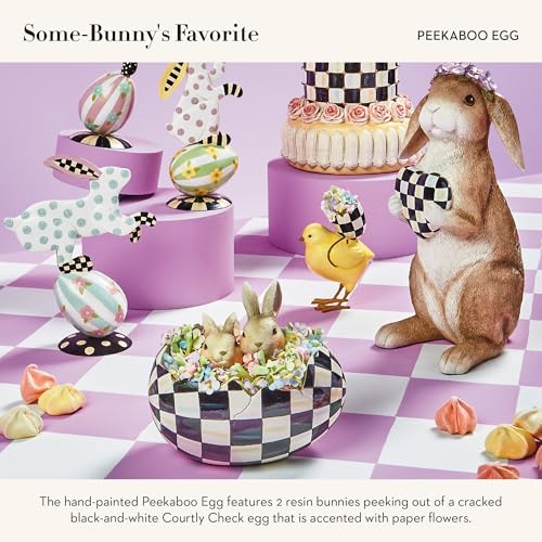 MACKENZIE-CHILDS Peekaboo Egg, Cute Easter Bunny Decor, Spring and Easter Egg Decor, Black-and-White Courtly Check