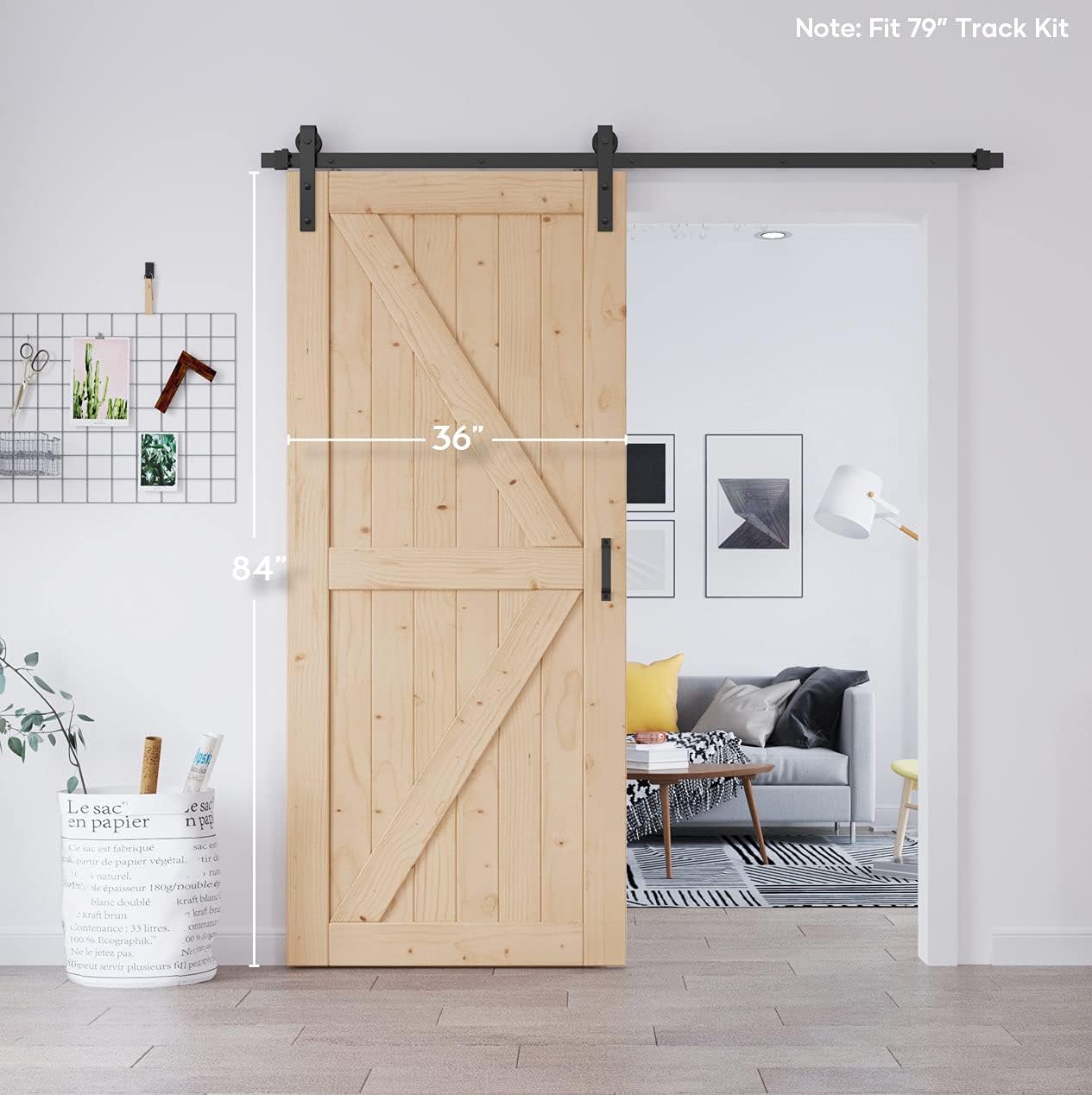 EaseLife 36in x 84in Sliding Barn Wood Door,Interior Doors,DIY Assemblely Unfinished Solid Natural Spruce Panelled Slab,Easy Install,Apply to Rooms & Storage Closet,K-Frame